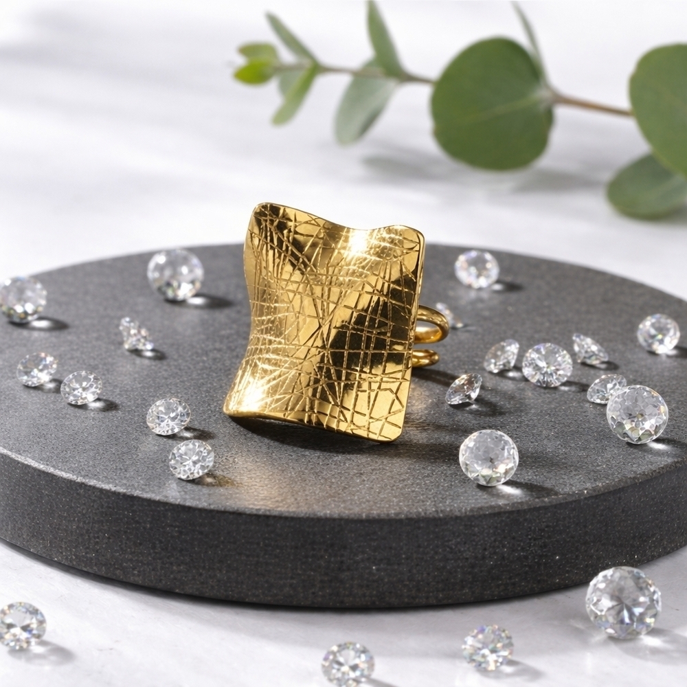 Bold Abstract Adjustable Irregular Design Statement Ring 18K Gold Plated